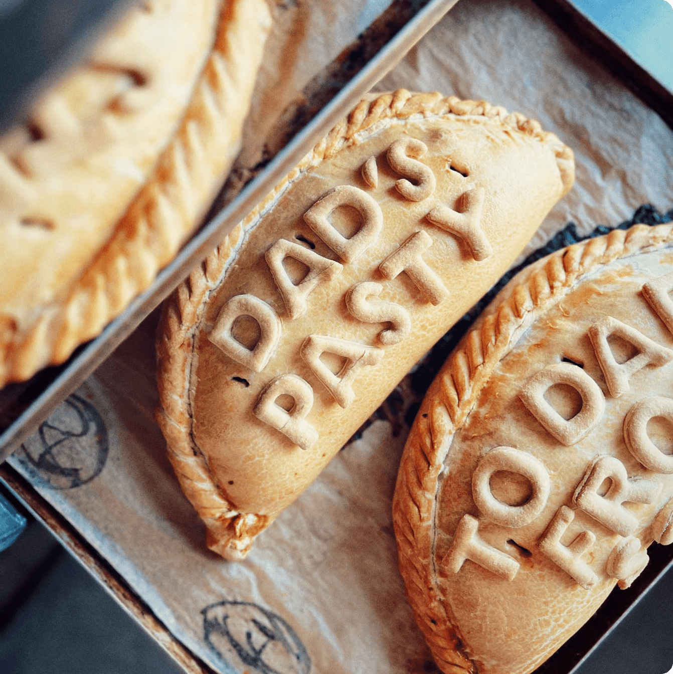 Father's Day pasties with 'DAD'S PASTY' and 'TODAY' crimped into the tops