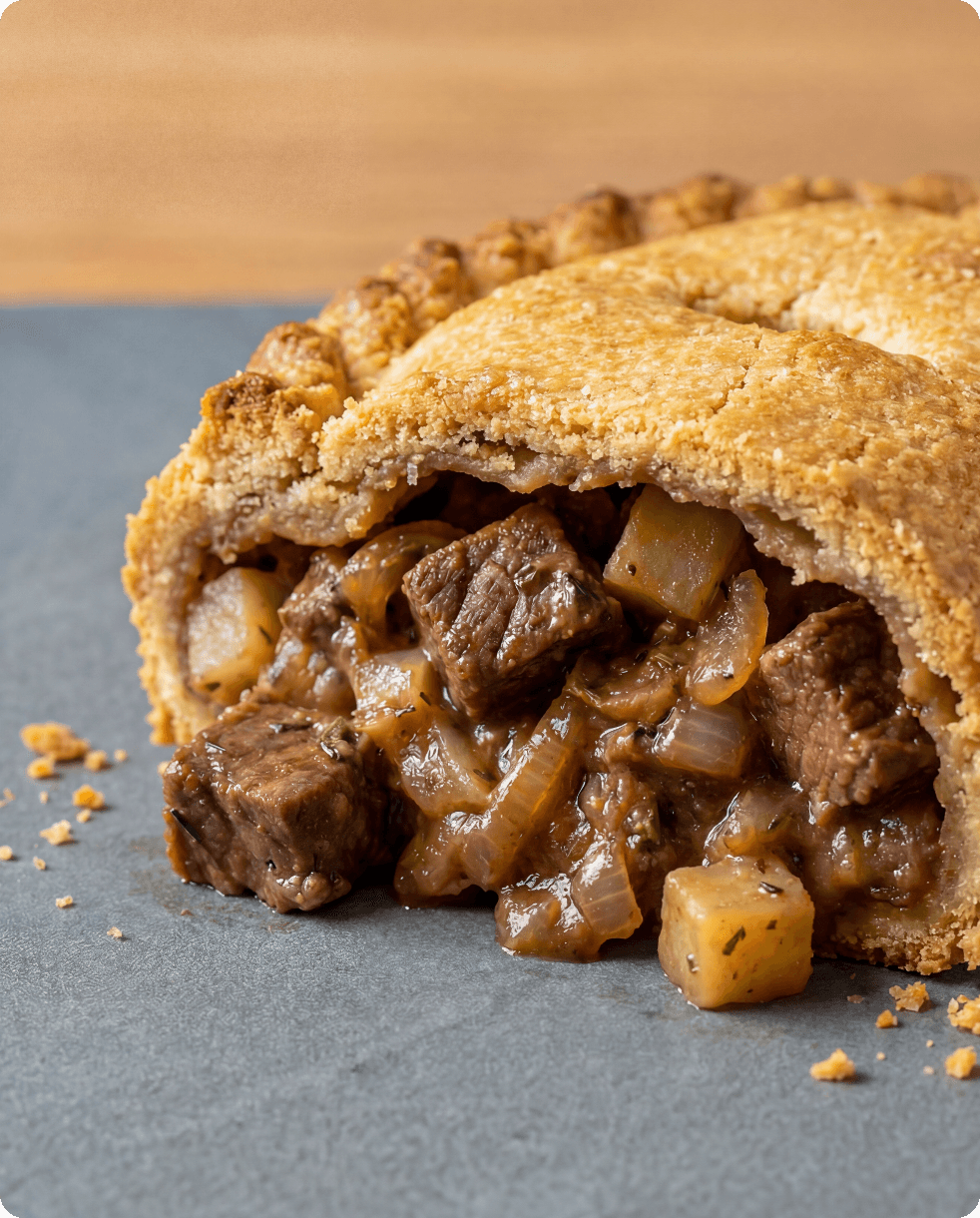 Philps pasty cut open revealing beef, potato and swede filling