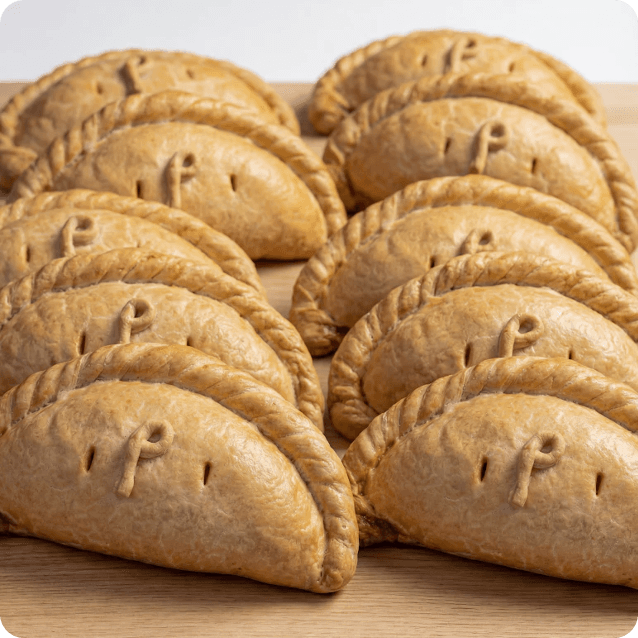 Stack of Philps Cornish pasties ready to pack