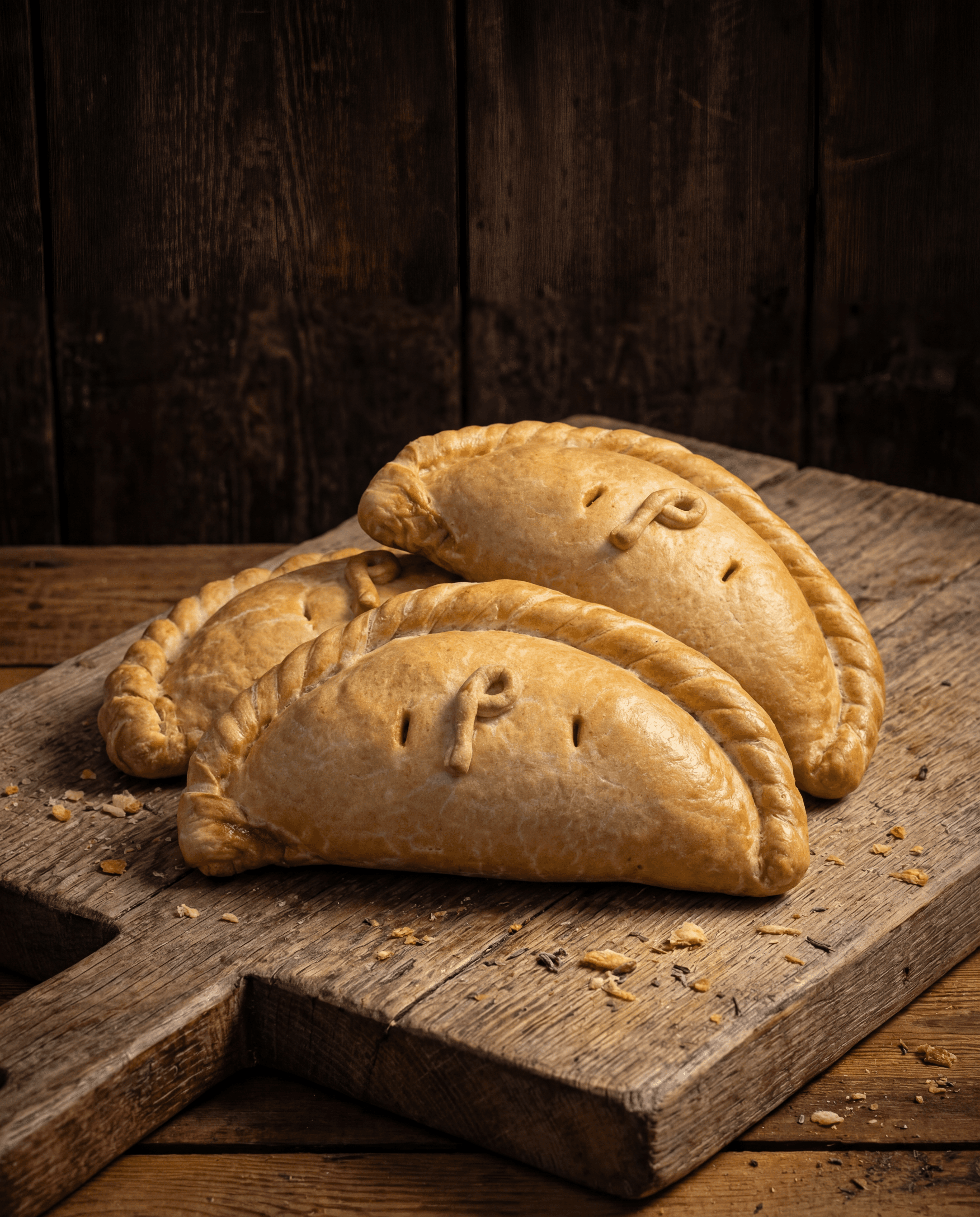 Large Philps Cornish pasties with the P-crimp on a wooden board
